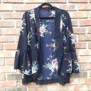 Boutique | Navy Floral Print Bell Sleeve Kimono